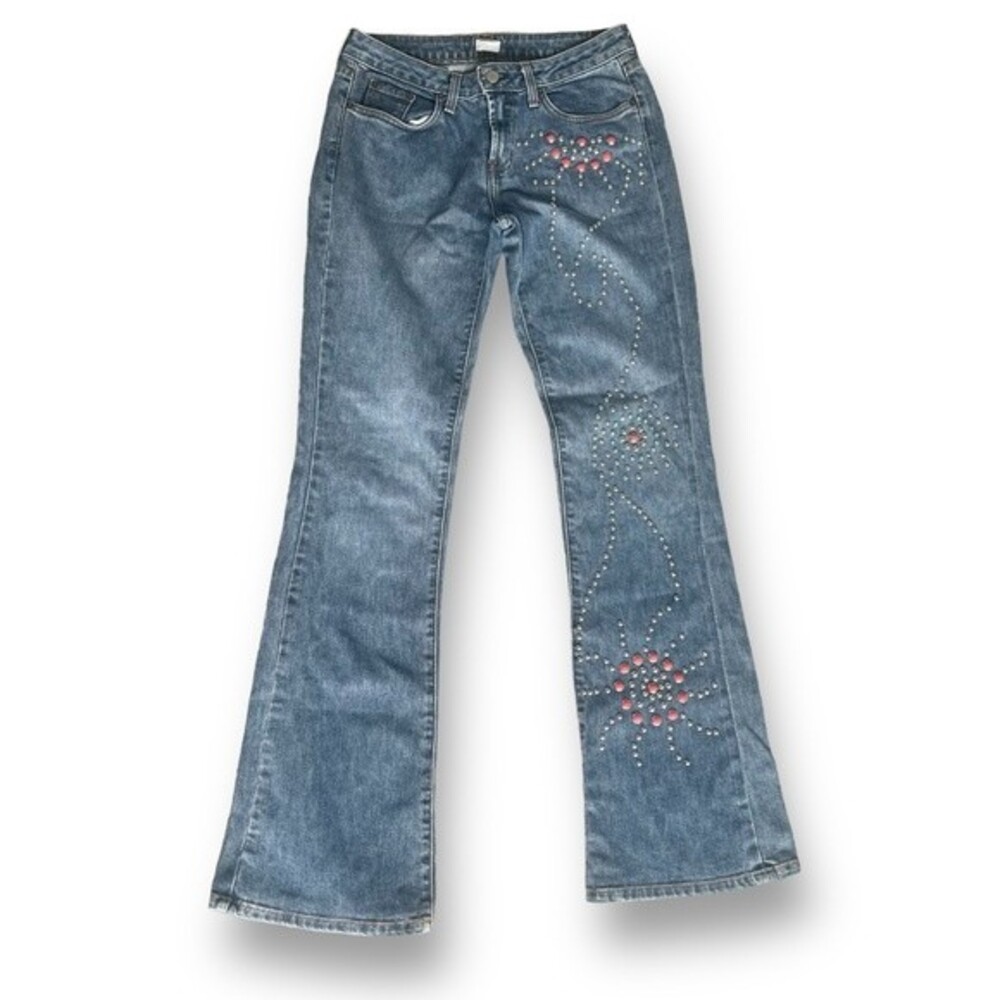 Y2K Cache Med Wash Silver/Coral Studded Flare Leg Jean Women's Size 4 Tribal